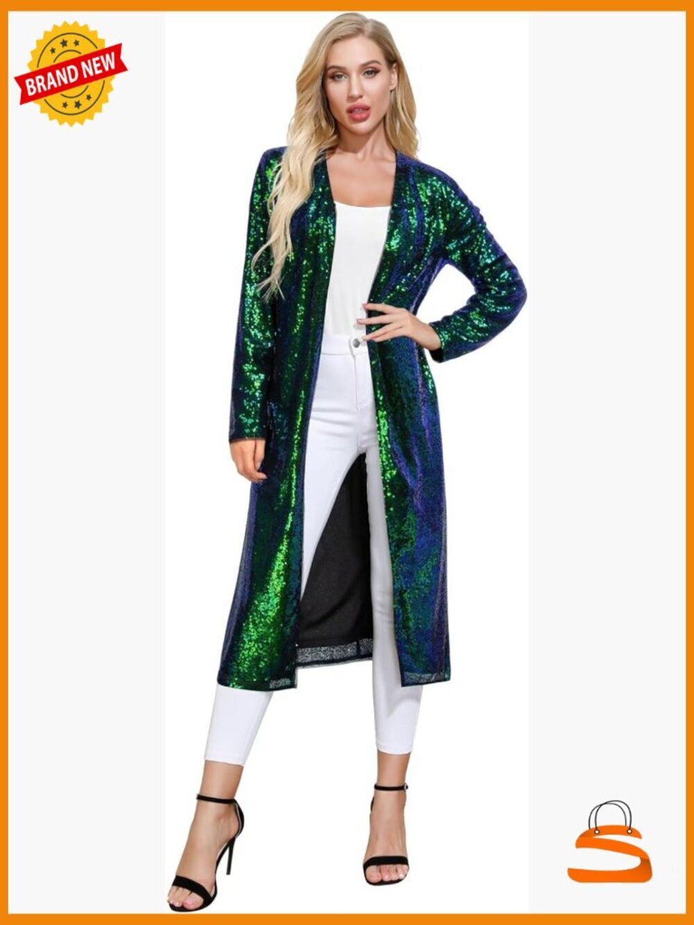 Long Sequin Open Front Blazer Evening Jacket Sparkly Formal Coat